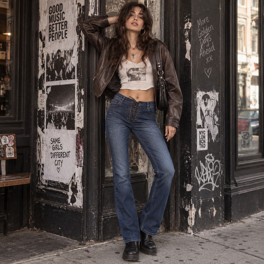 Free People High Rise Lace Up Women's Skinny Jeans Indie Sleaze Blue Denim 25